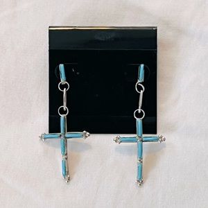 Handmade, Native American turquoise and sterling silver cross earrings.